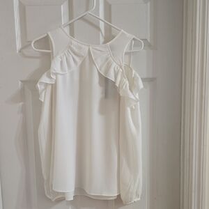 Worthington White Cold-Shoulder Ruffle Blouse